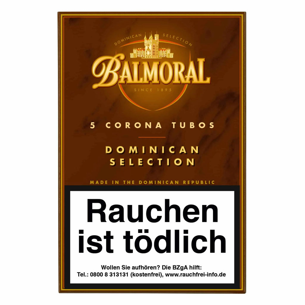Balmoral Dominican Selection tobacco product packaging with warning label.