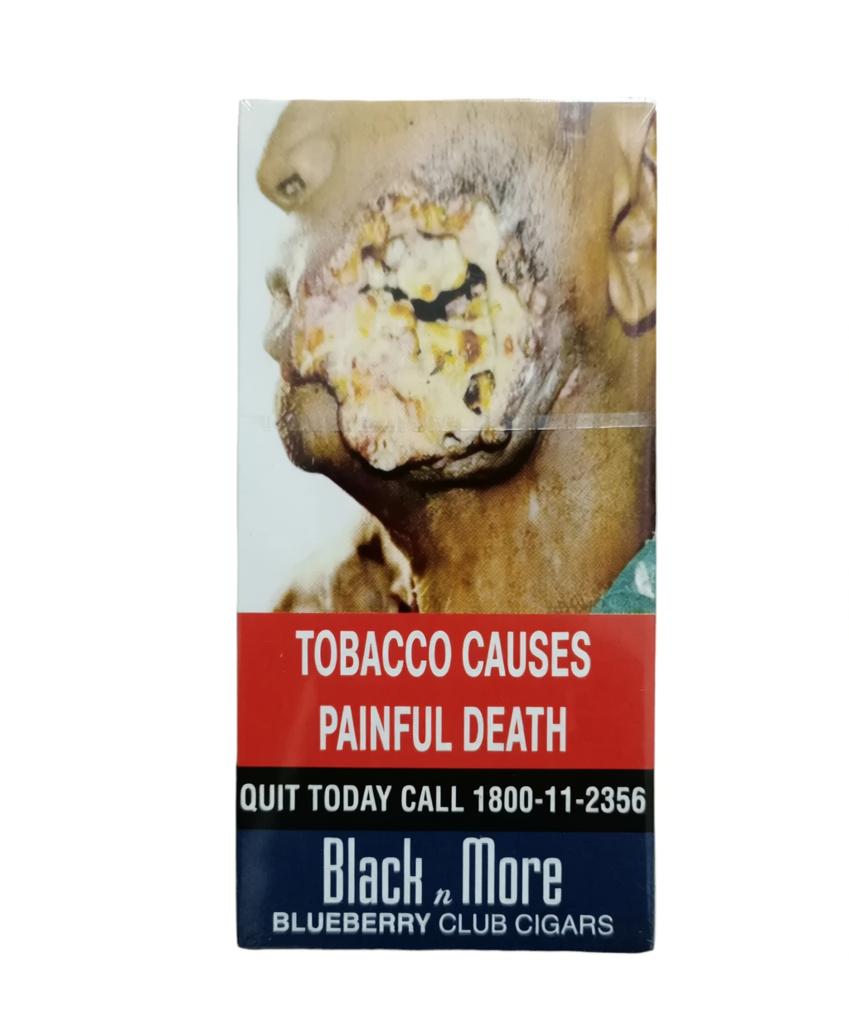 Black n more blueberry club cigar pack with waring text and image on white background