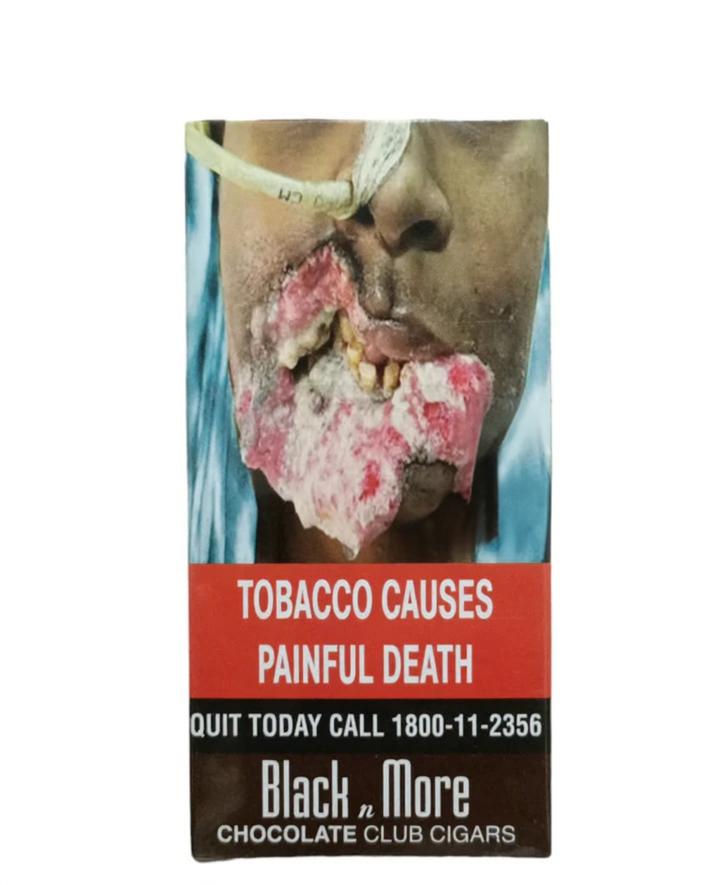 Black n more chocolate club cigar pack with waring text and image on white background