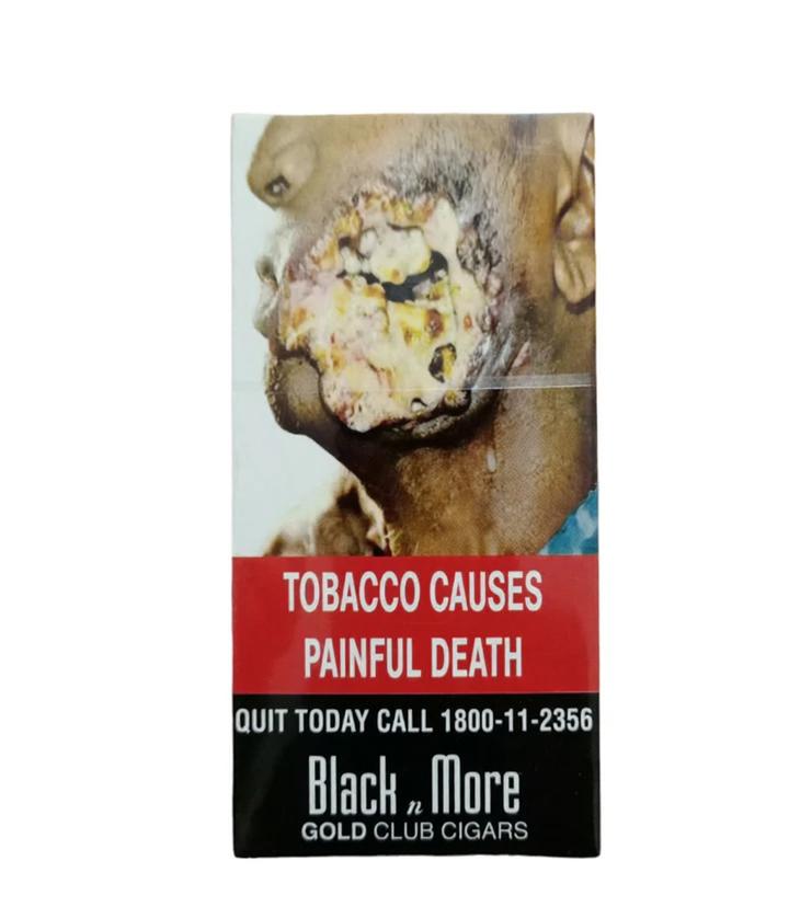 Black n more gold club cigar pack with waring text and image on white background