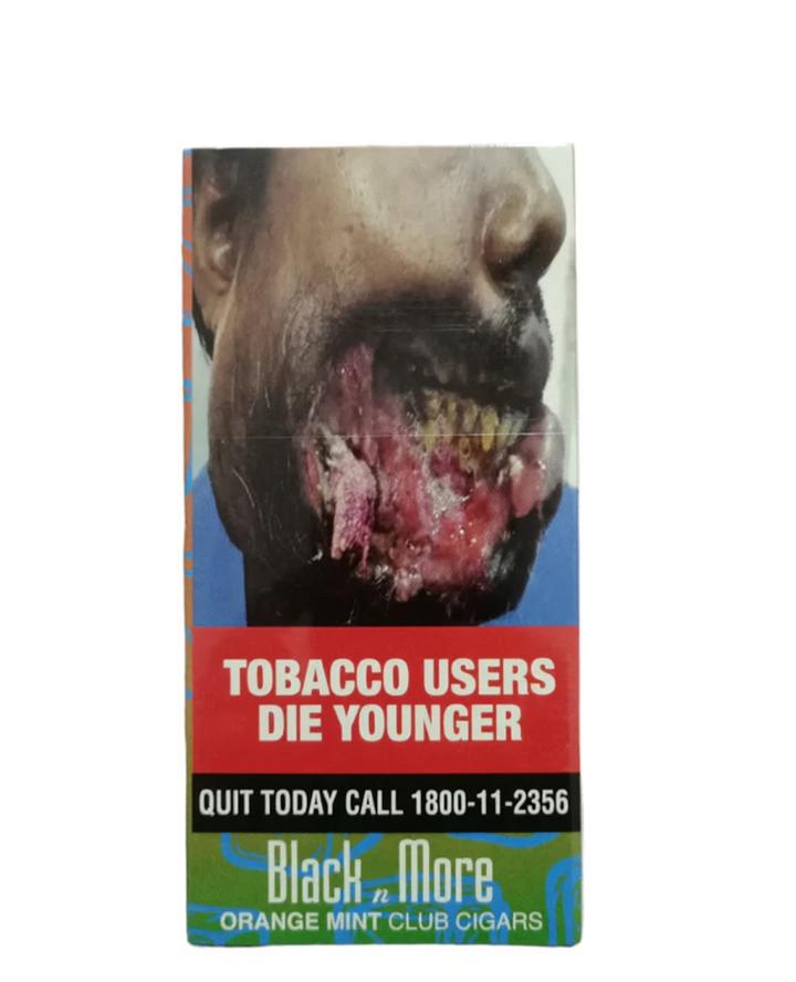 Black n more orange mint club cigar pack with waring text and image on white background
