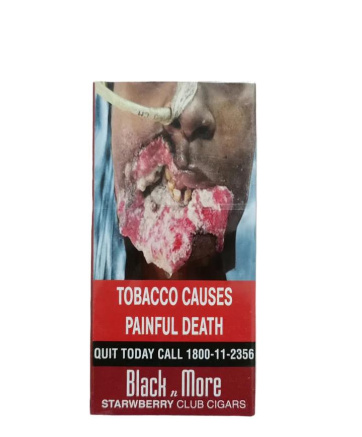 Black n more strawberry club cigar pack with waring text and image on white background