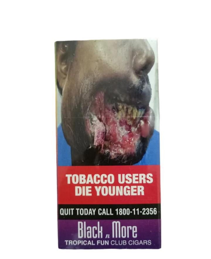 Black n more tropical fun club cigar pack with waring text and image on white background