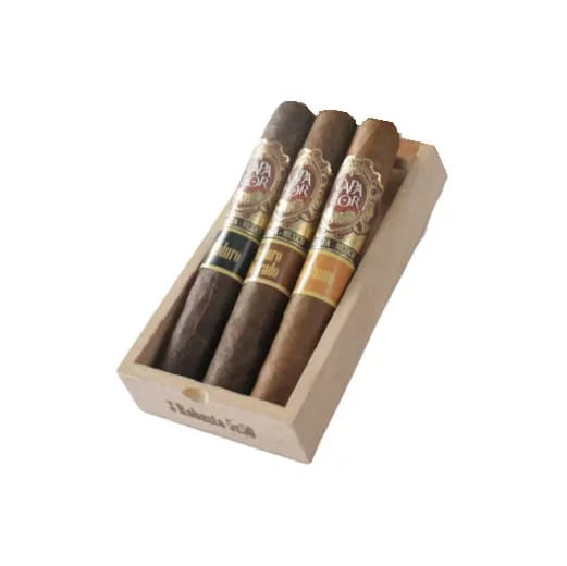 Three cigars in a wooden display case on a white background