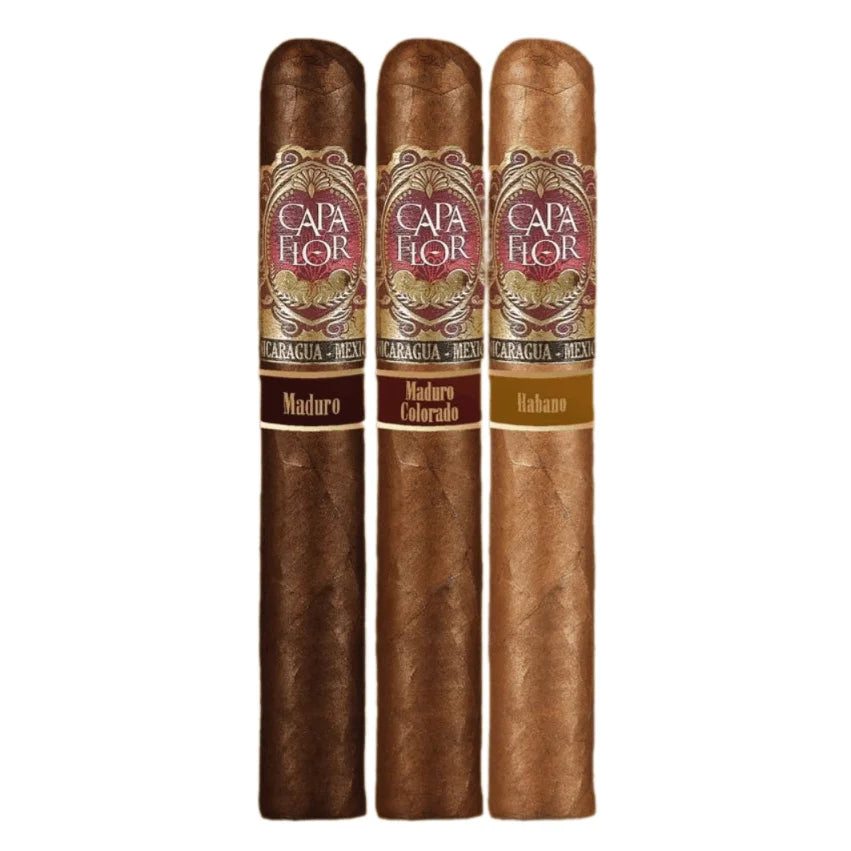 Three cigars from the Capa Flor brand on a white background
