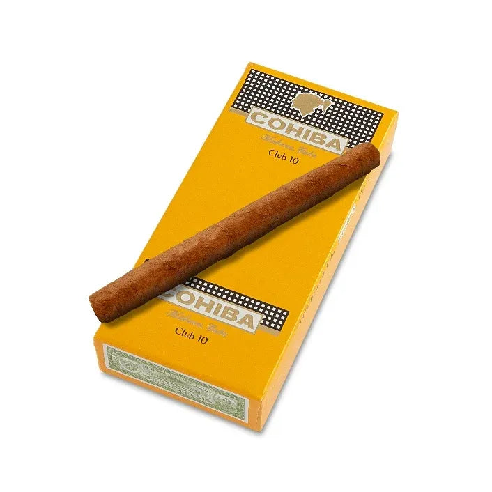 A single brown cigar resting diagonally across a bright yellow Cohiba Club 10 box on a plain white background.