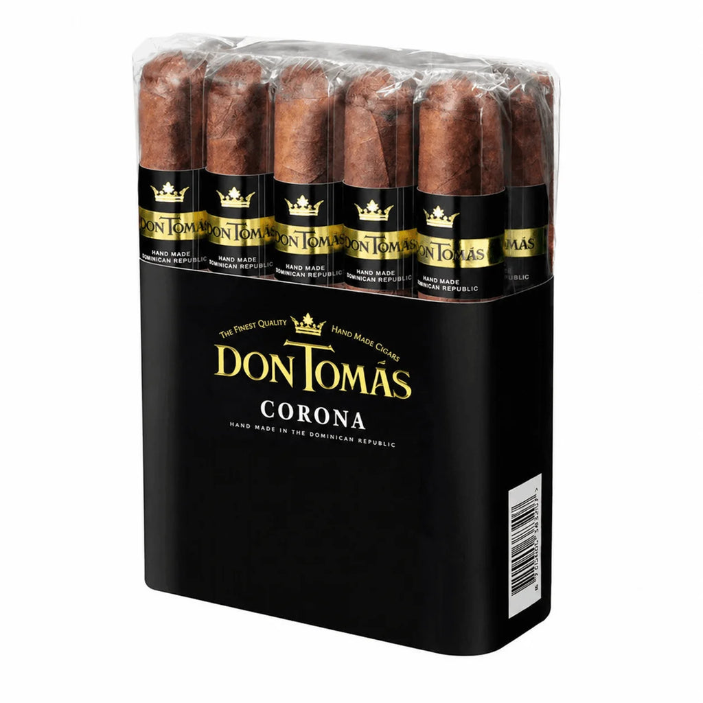 Pack of Don Tomas Corona cigars with clear plastic wrap on a white background