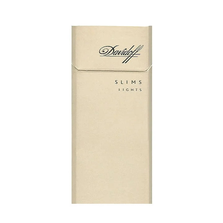 Beige cigarette pack with 'Davidoff lights slims' on a white background
