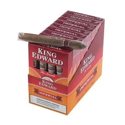 Box of King Edward Imperial cigars with a single cigar on top
