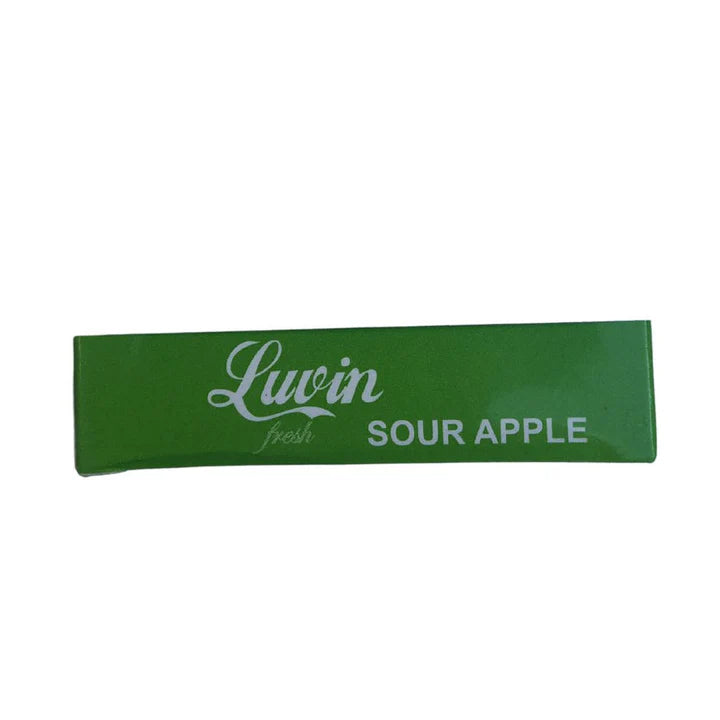 Green packaging strip with 'Luvin' and 'Sour Apple' text on a white background