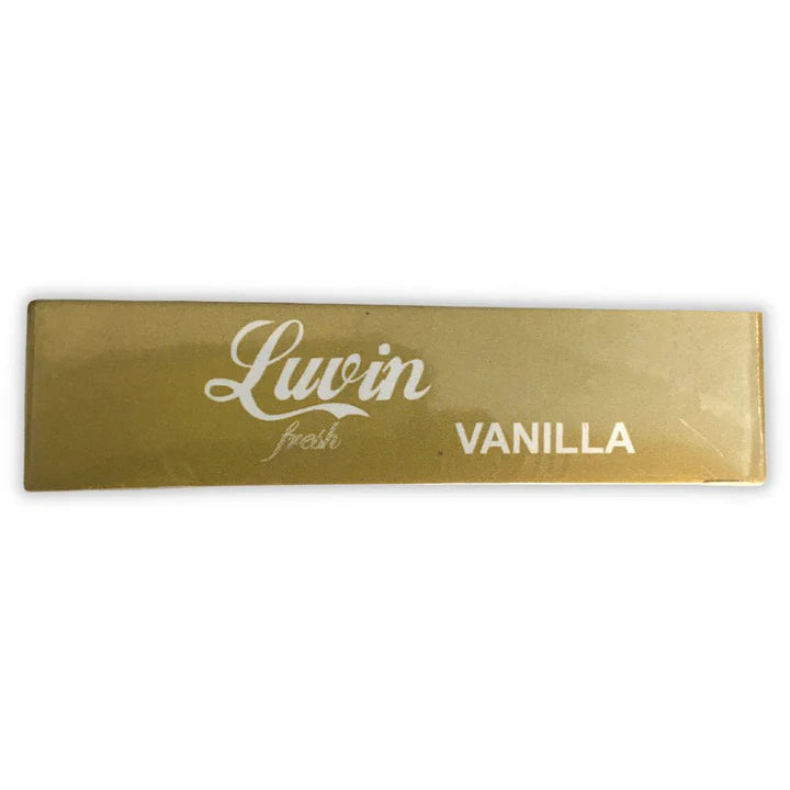 Gold packaging with 'Luvin fresh Vanilla' text on a white background