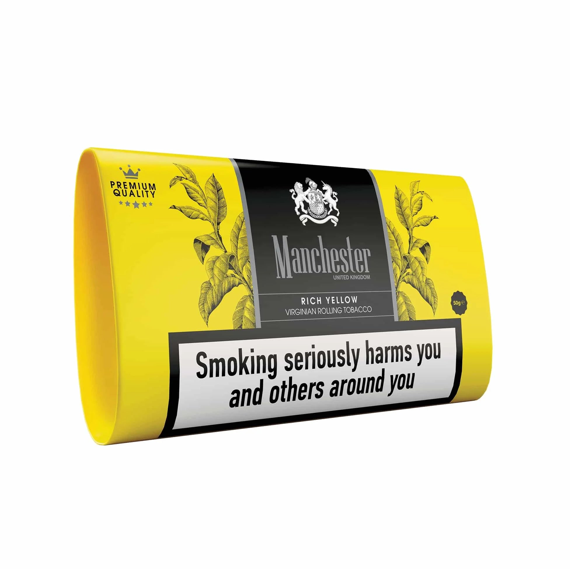 Pack of Manchester tobacco with yellow and black design on a white background