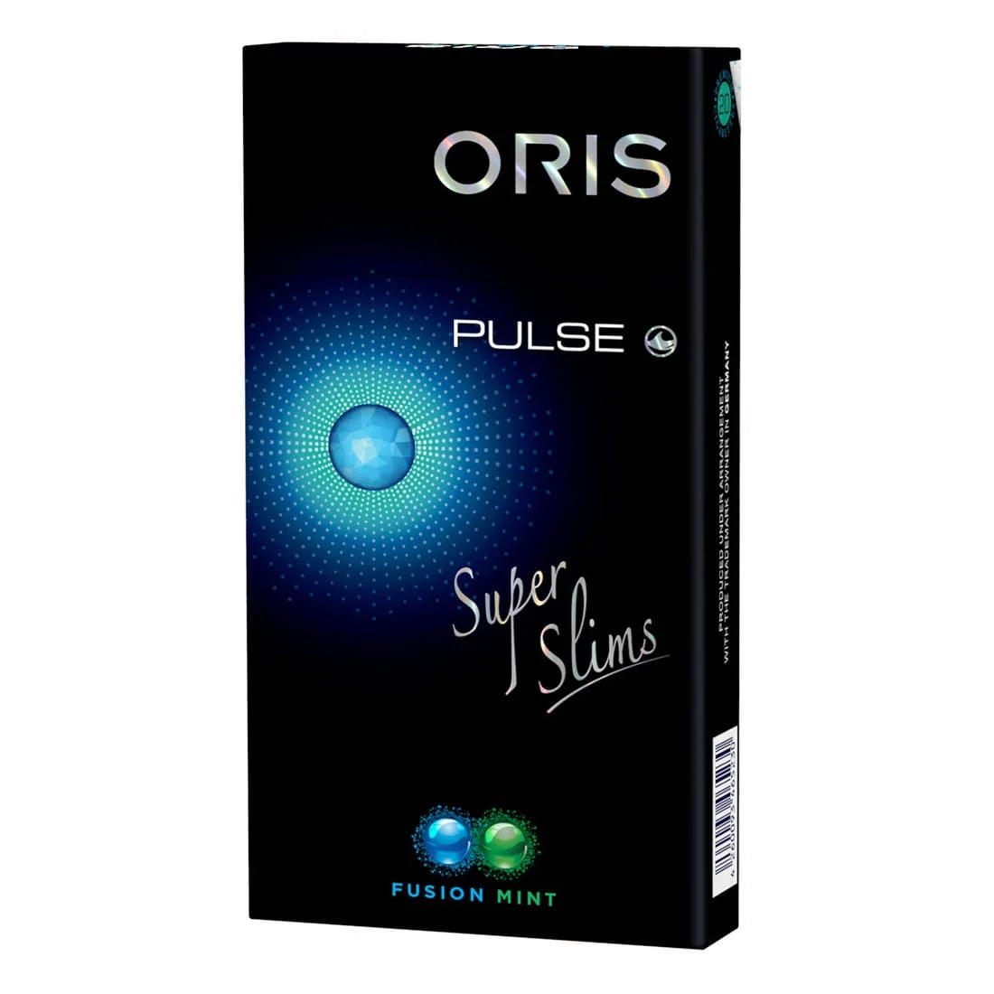 Oris Pulse fusion mint Super Slims packaging with a blue light on a black background