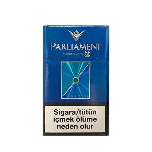 A pack of Parliament Aqua-Hybrid blue cigarettes with a warning label on a white background.