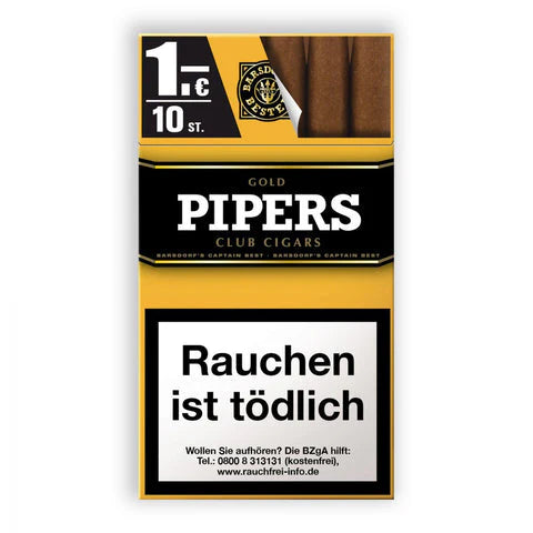 Pack of Gold Pipers Club Cigars with yellow and black design on a white background