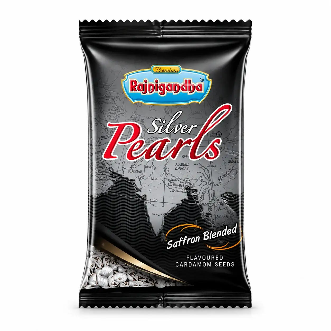 A single bag of Rajigandha Silver Pearls Saffron Blended Flavourless Caramom Seeds on a plain white background.