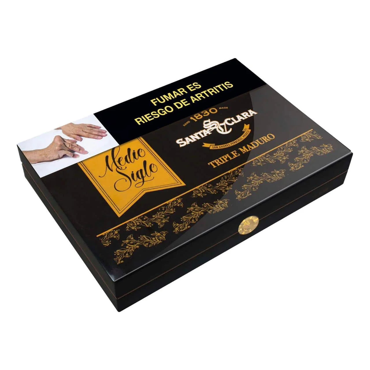 Cigar box with Santa Clara branding and decorative elements on a white background