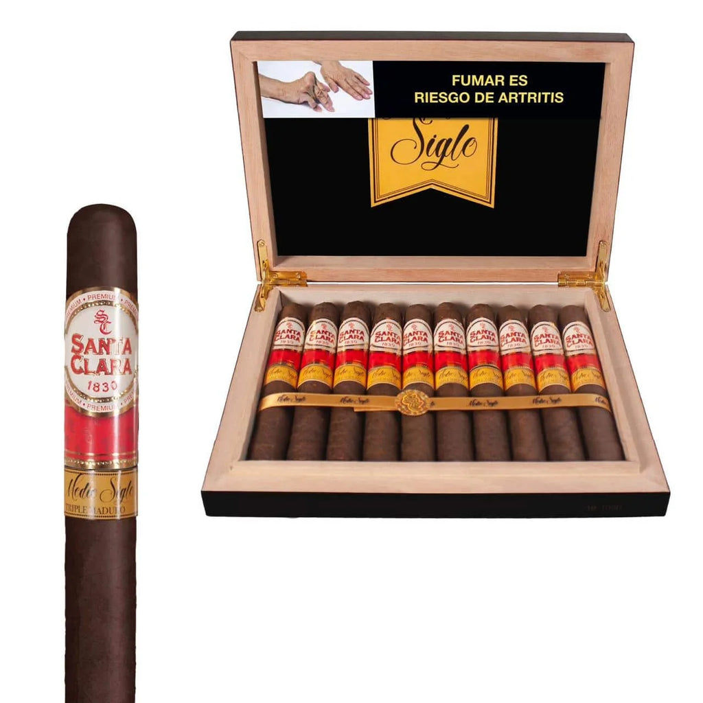 Box of Santa Clara medio siglo cigars with a single cigar displayed in front on a white background.