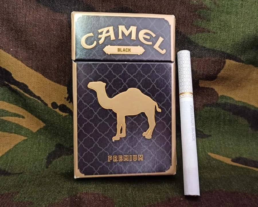 Camel Black premium cigarettes packaging with a single cigarette on a camouflage background