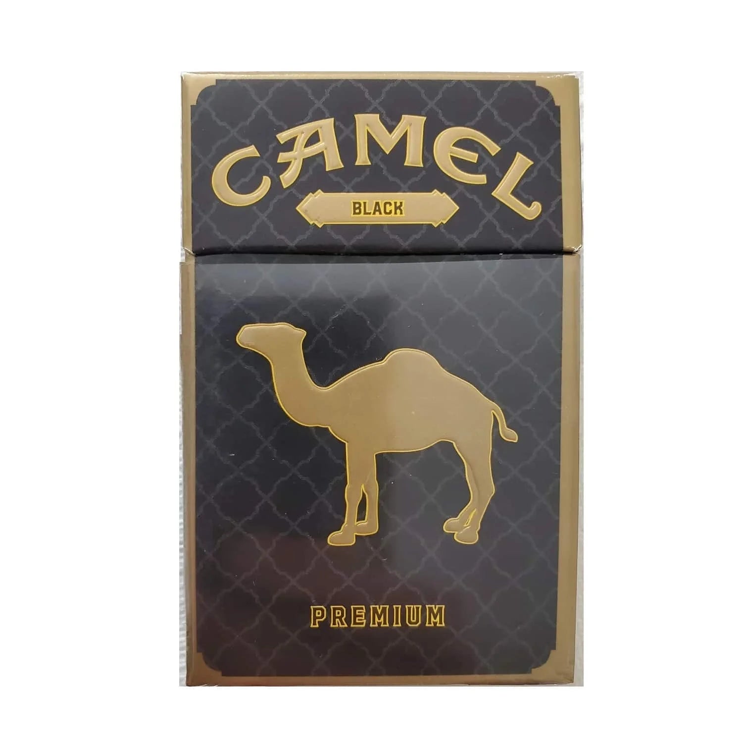Camel Black premium cigarettes packaging with gold text and camel logo on a white background