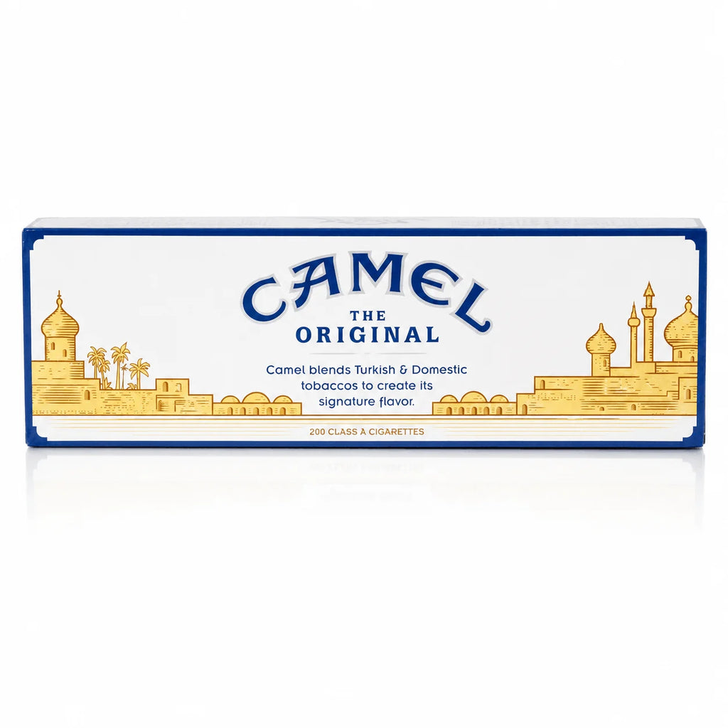 Camel The Original cigarette packaging box, featuring a white background with blue lettering and gold architectural illustrations on the sides.
