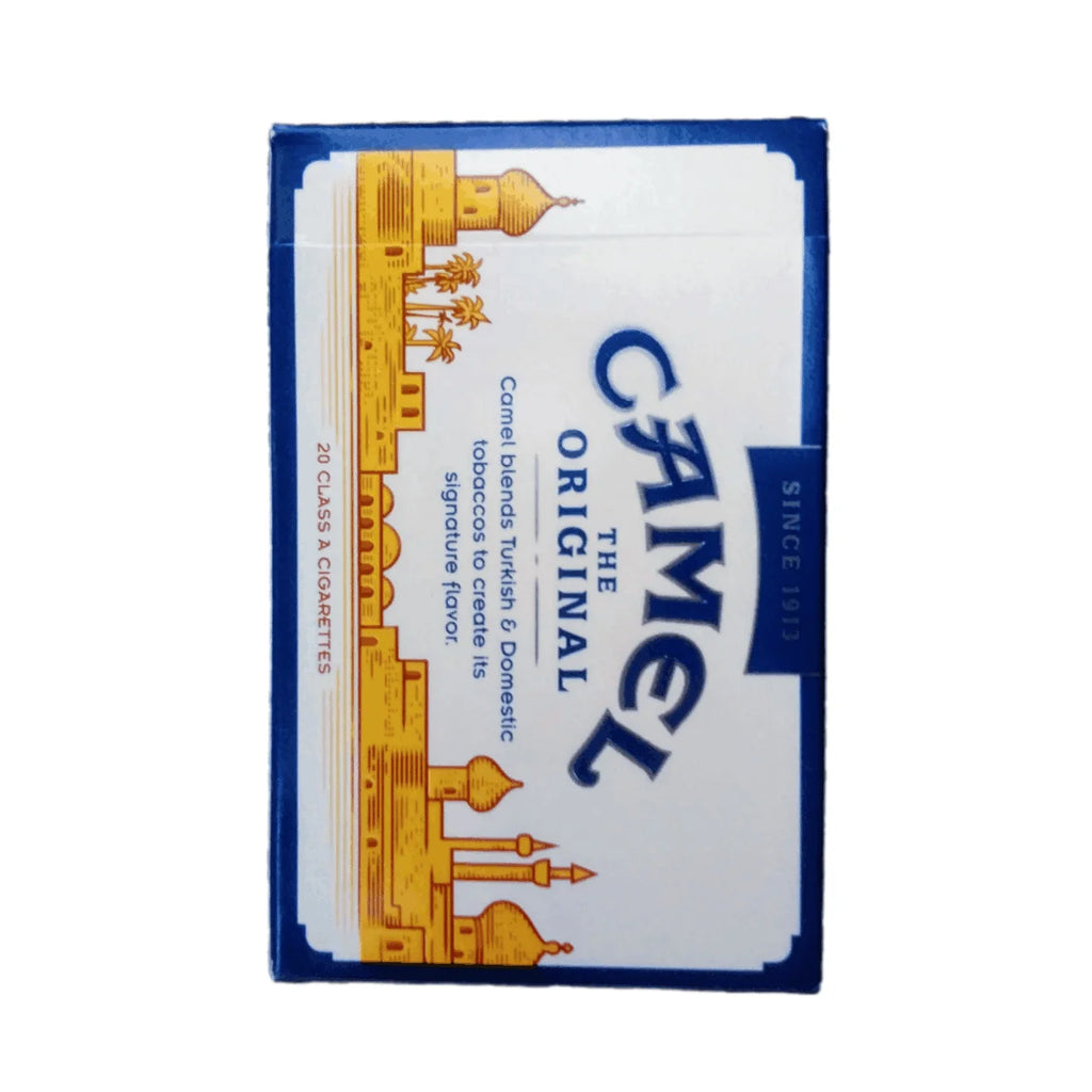 A box of Camel The Original cigarettes, featuring a white and blue design with a gold illustration of domes and minarets, set against a plain white background.