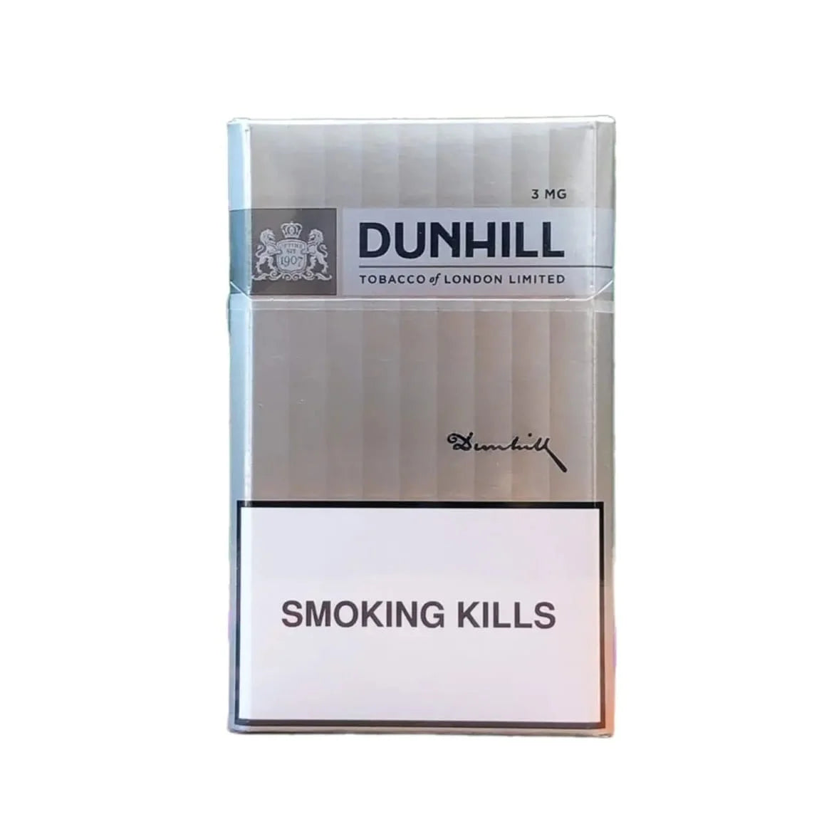 Dunhill 3mg cigarette pack with warning on a white background