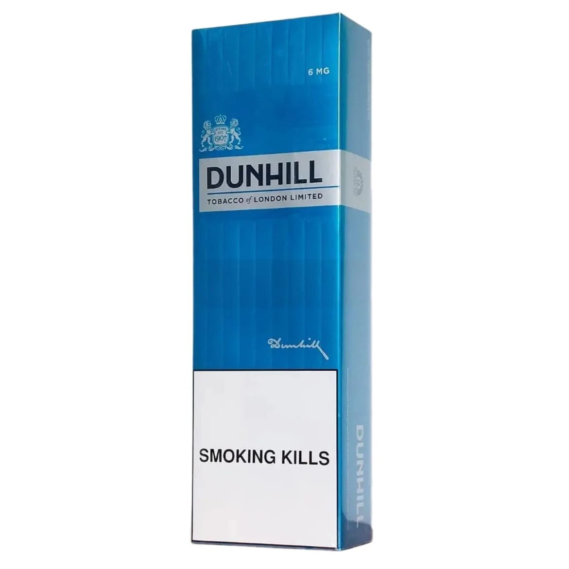 Dunhill 6mg cigarette carton with blue and white design on a white background