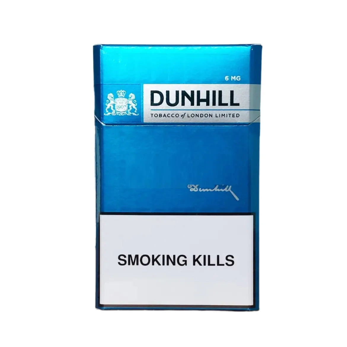 Dunhill 6mg cigarette pack with blue and white design on a white background