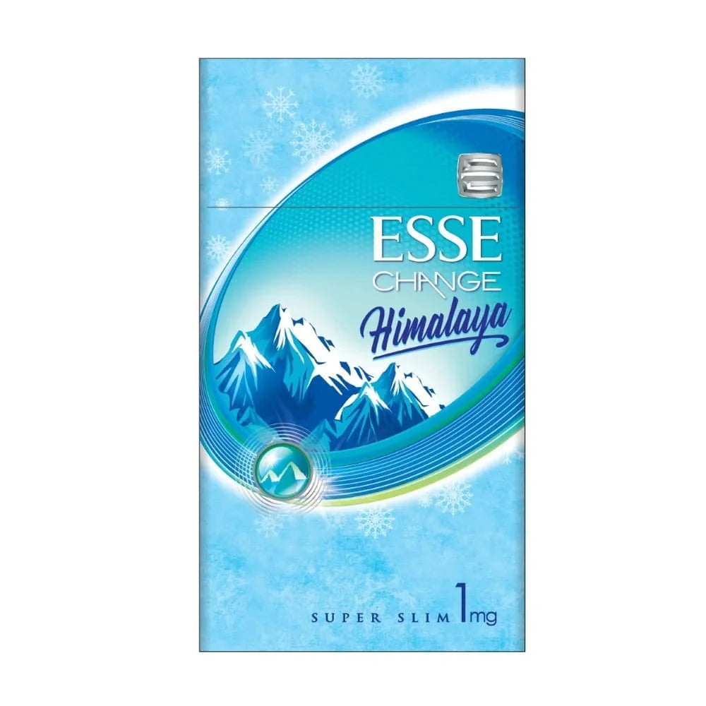 Pack of Esse Himalaya cigarettes with mountain design on a blue background