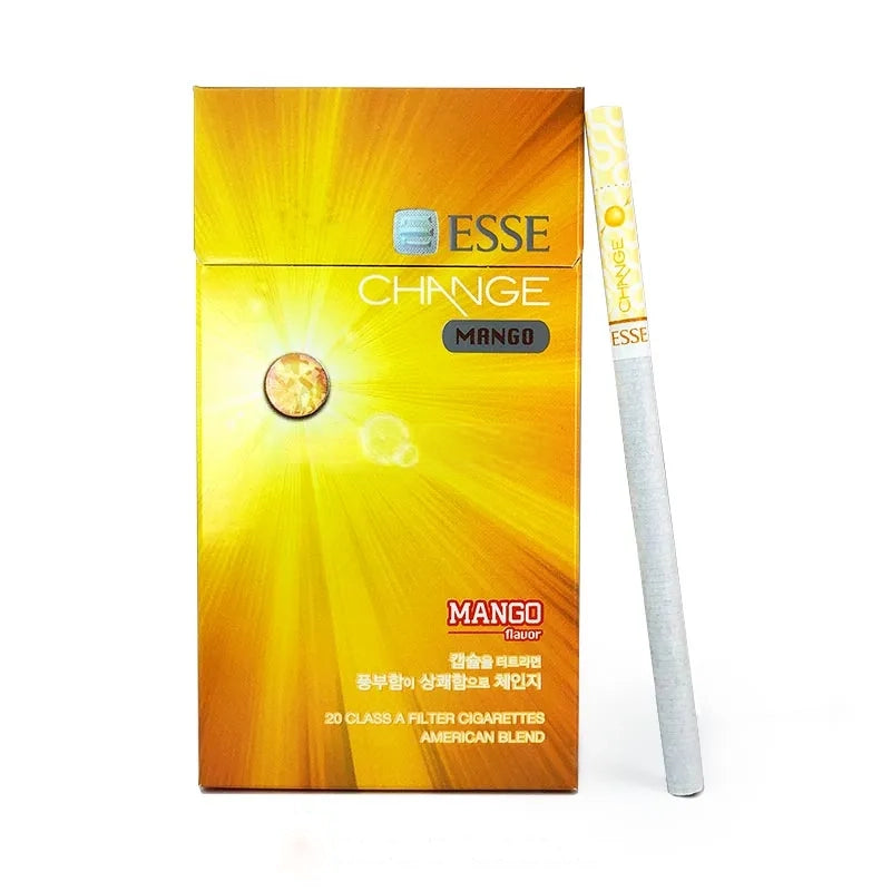 Esse Change Mango cigarette pack with a single cigarette on a white background