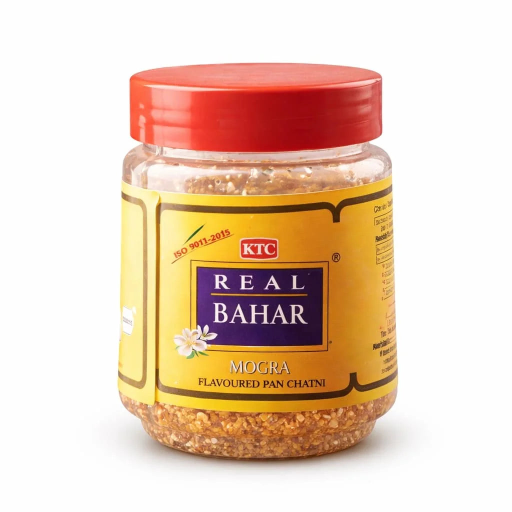 Jar of KTC Real Bahar Mogra Flavoured Pan Chatni with a red lid on a white background