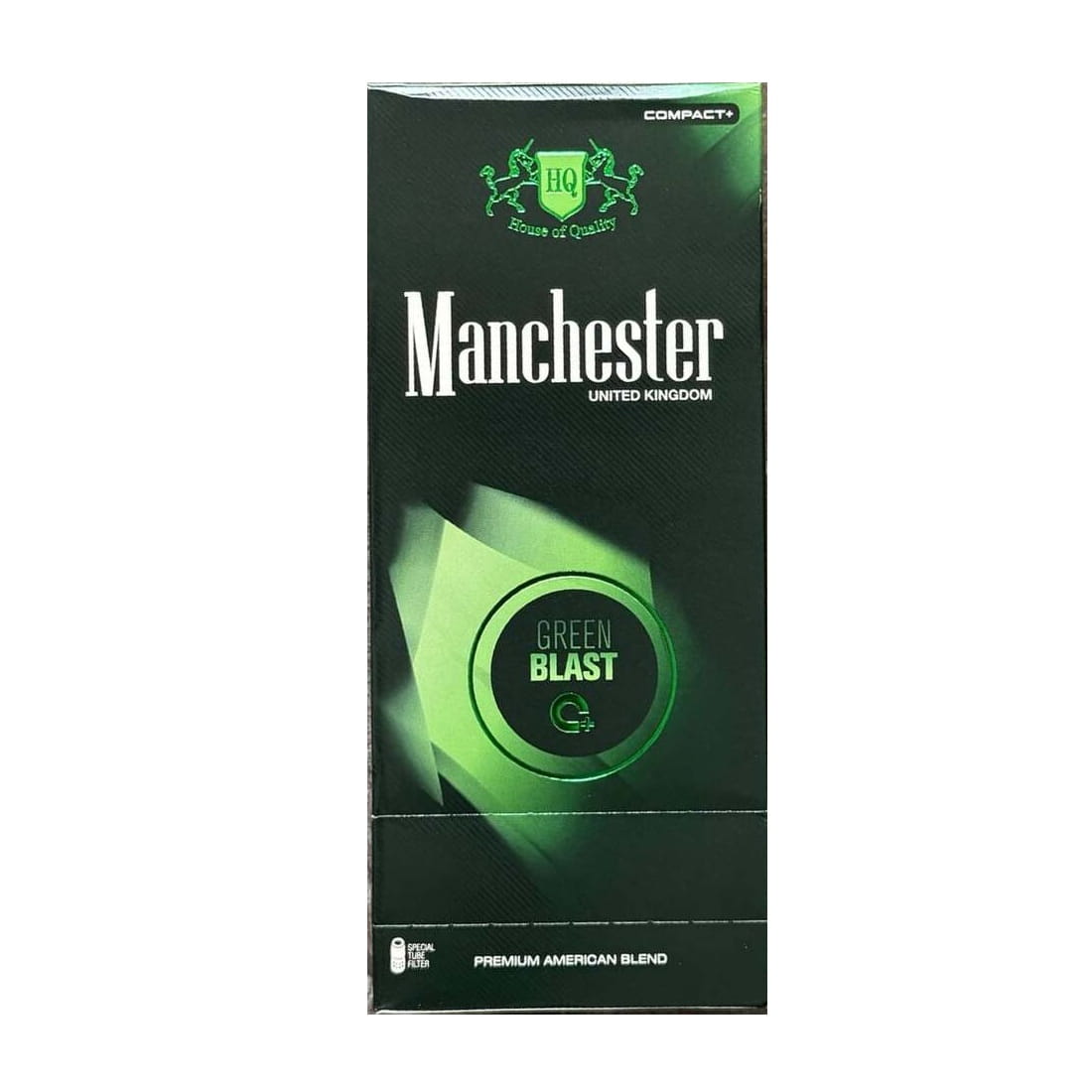 Manchester Green Blast carton premium American blend packaging on a white background