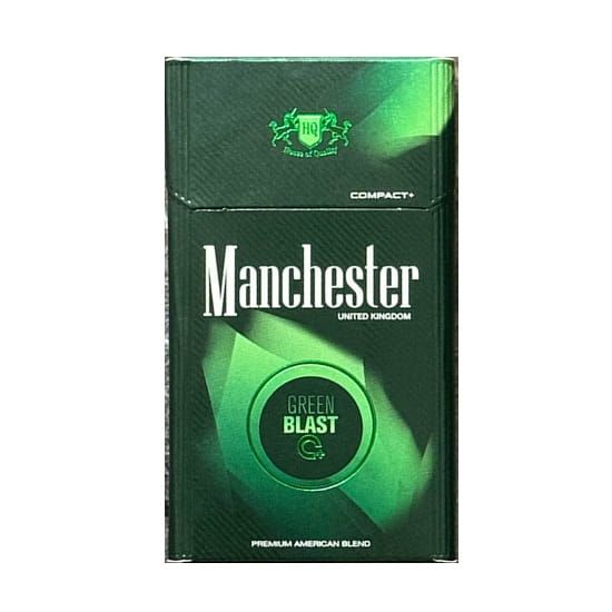 Green cigarette pack with 'Manchester' branding on a white background