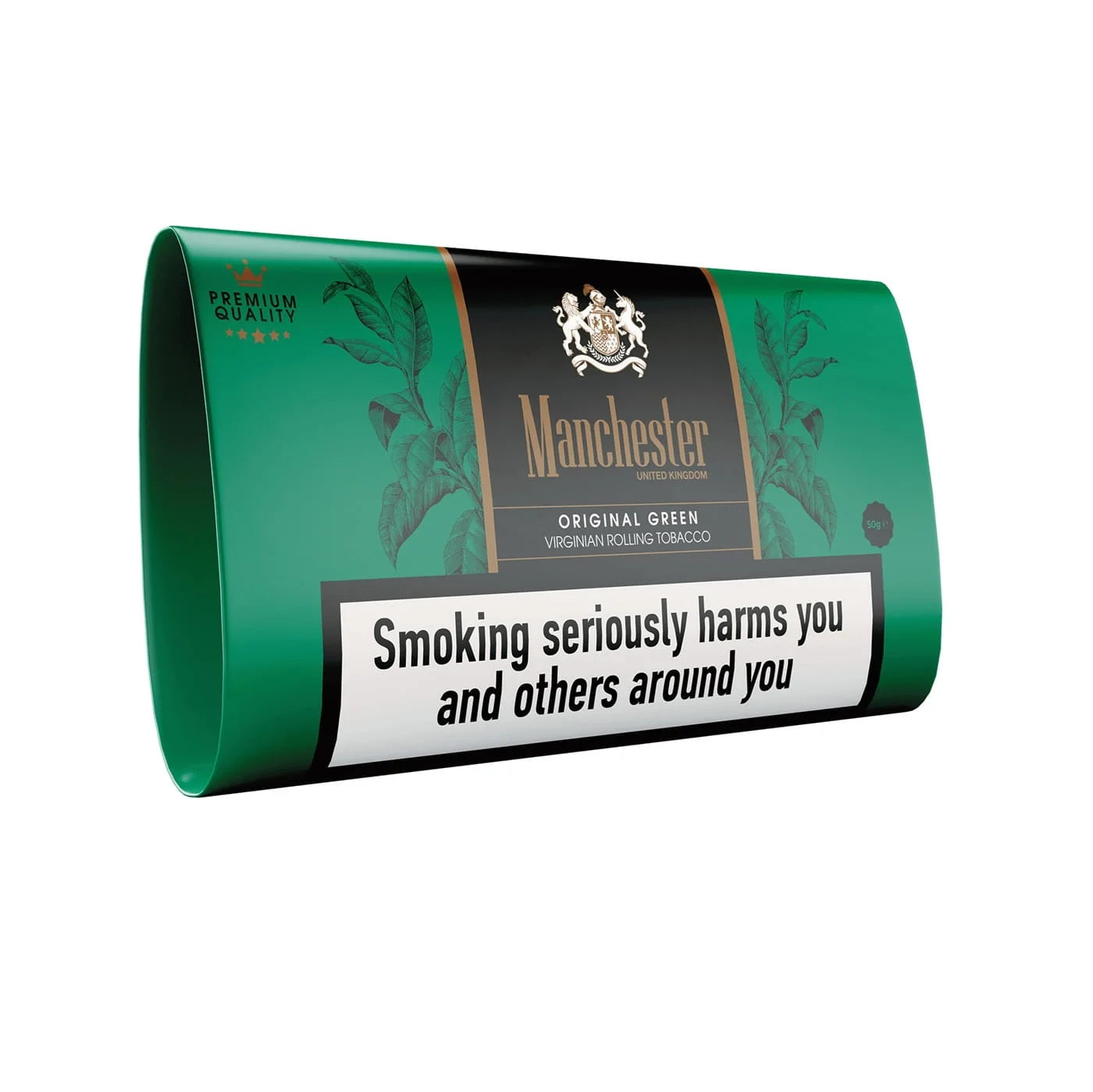 Green pouch of Manchester Original Green tobacco with warning label on a white background