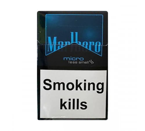 Marlboro micro less smell cigarette pack with warning on a white background