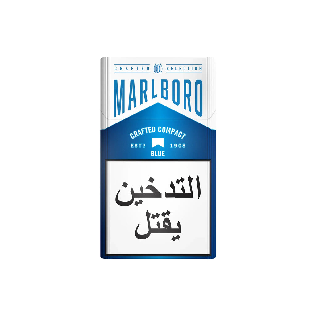 A Marlboro compact pack with a blue and white design, featuring the Marlboro brand name and a prominent health warning label in Arabic text on a plain white background.