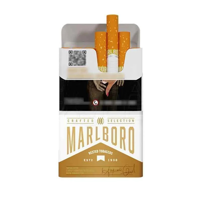 Marlboro cigarette pack with cigarettes sticking out on a white background
