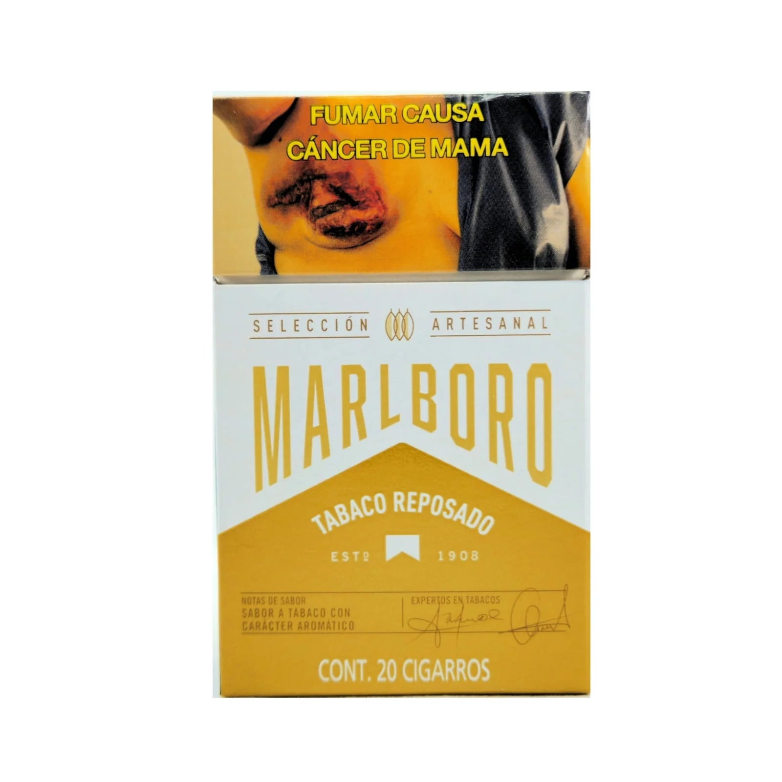 Marlboro gold crafted packaging with a warning label on a white background