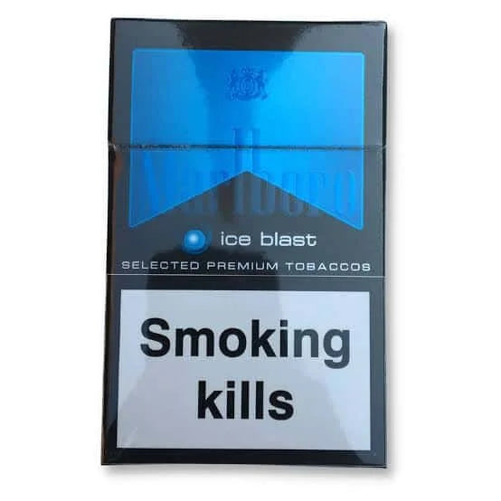 Marlboro ice blast premium cigarette with 'Smoking kills' warning on a white background