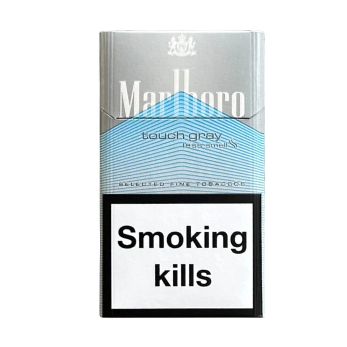 Marlboro touch gray cigarette pack with warning on a white background