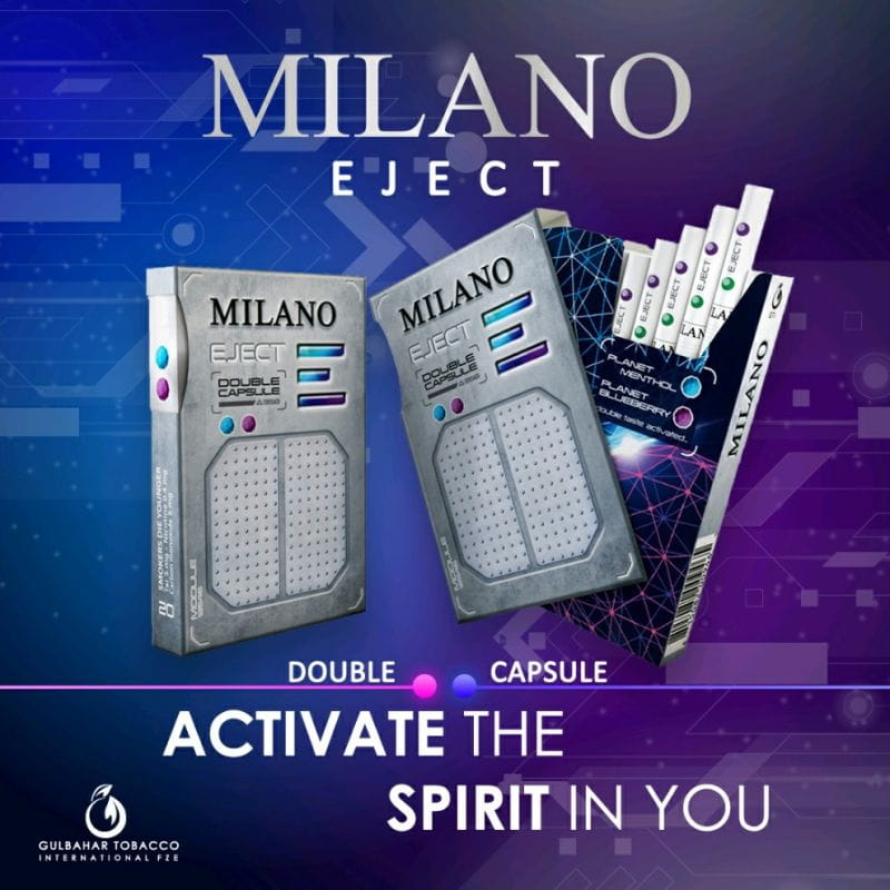 Milano Eject packaging with text on a blue and purple background