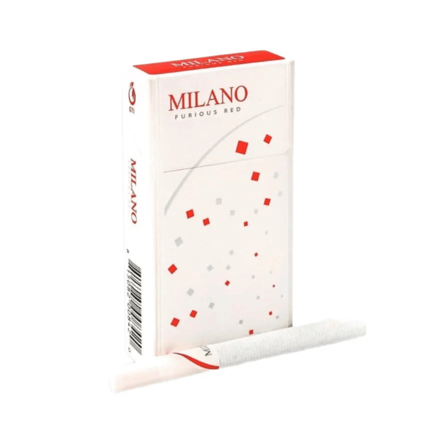 A pack of Milano Furious Red cigarettes with a white and red design, shown alongside a single white cigarette with a red band on a plain white background.