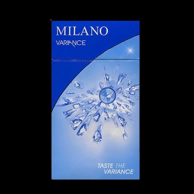 Blue Milano Variance packaging with a capsule design on a black background