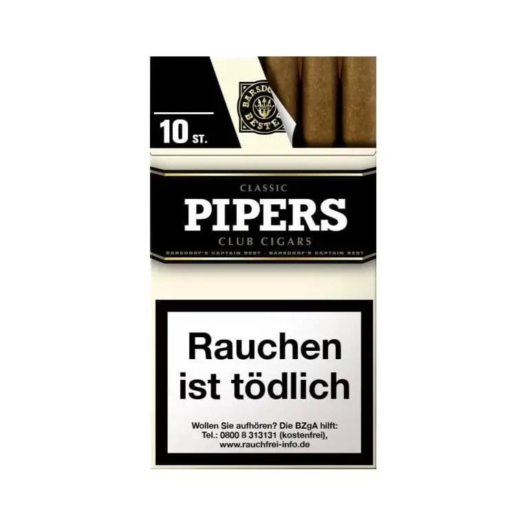 Pack of Classic Pipers Club Cigars with German warning label on a white background