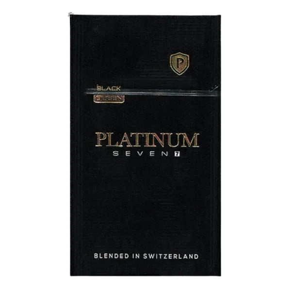 Black packaging of Platinum Seven cigarettes with gold text on a white background