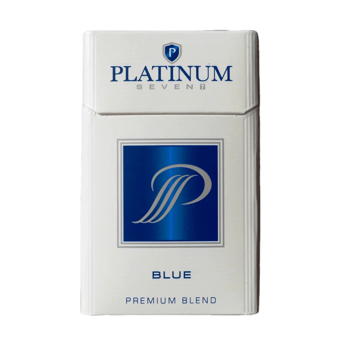 A pack of Platinum Seven Blue Premium Blend cigarettes, featuring  a prominent blue logo and text on a white background.