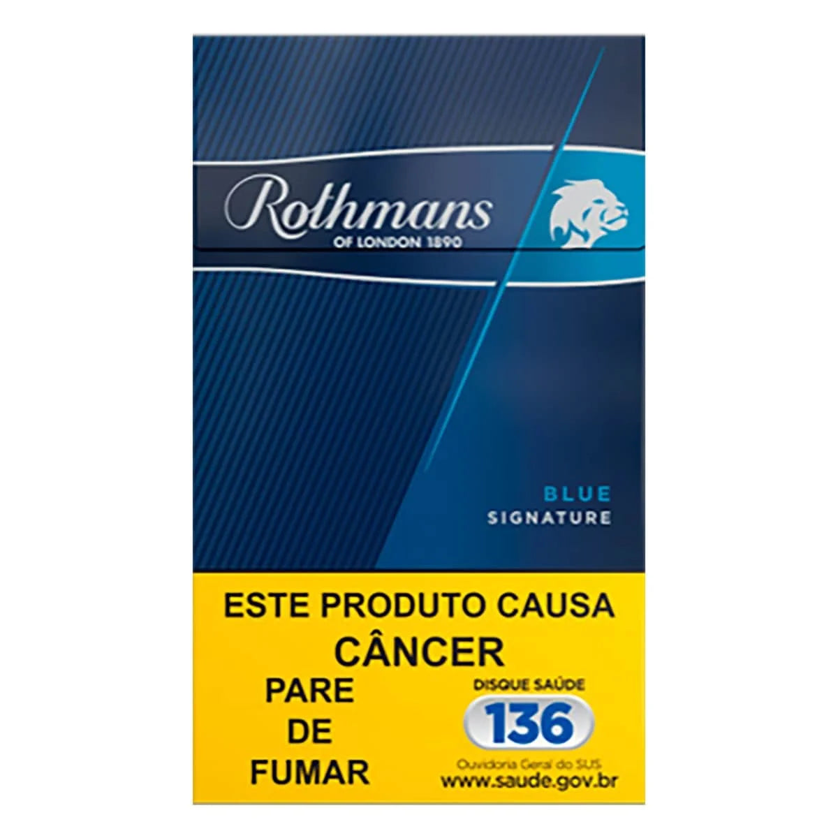 Rothmans Blue Signature cigarette pack with warning label on a white background