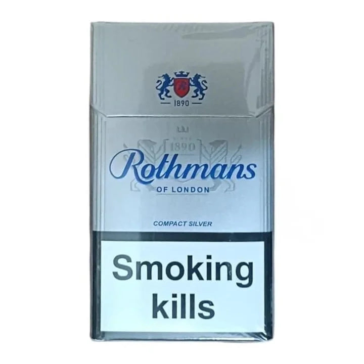 A pack of Rothmans of London Compact Silver cigarettes, featuring a silver and white design with the brand's blue script logo and a prominent 'Smoking kills' warning label on the lower half.