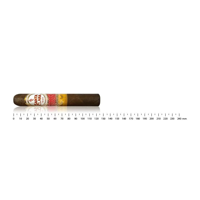 Santa clara 1830 medio siglo Cigar with a label on a white background with a ruler for scale